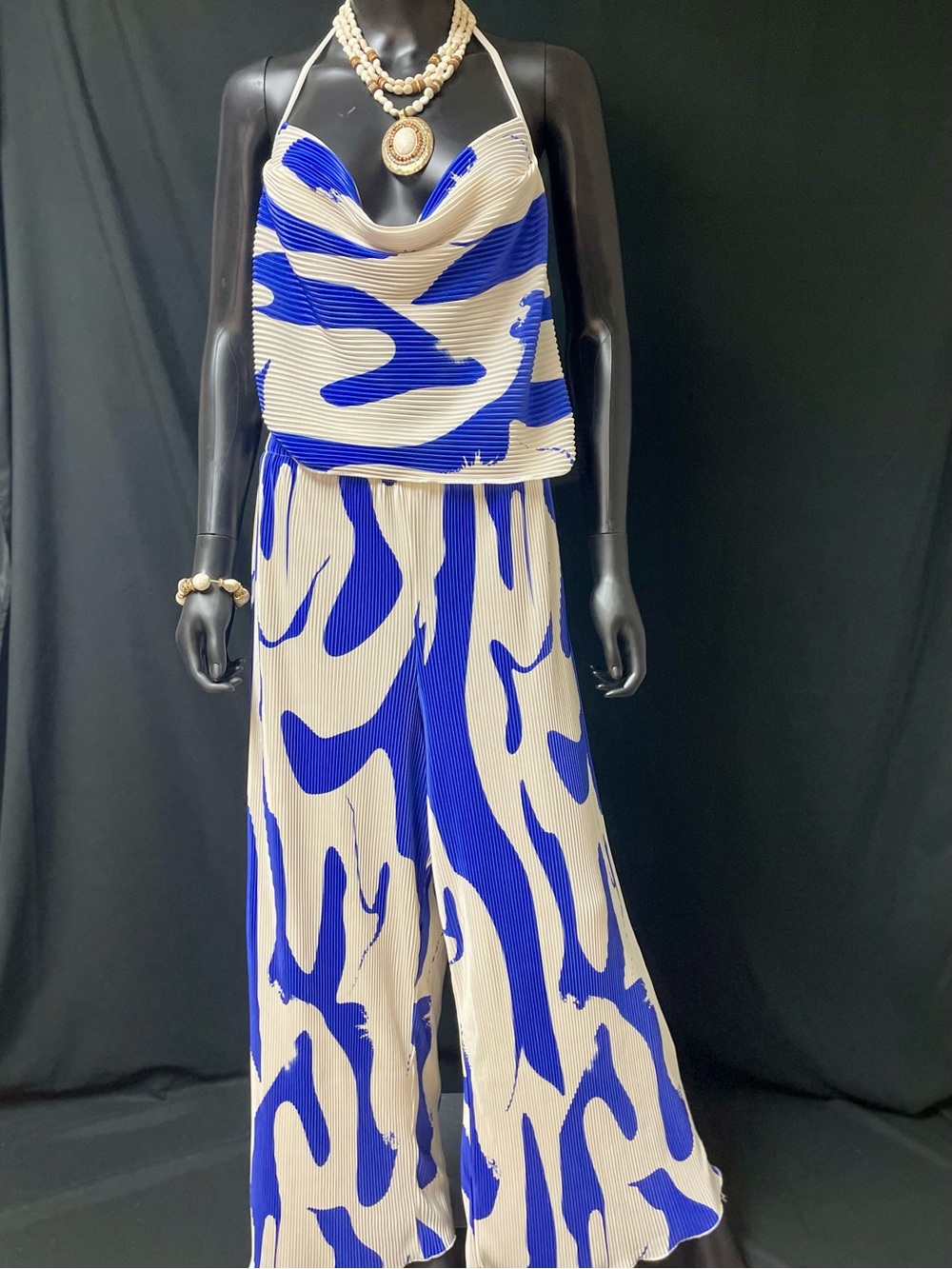 Blue & Cream Abstract Print Wide-Leg Two-Piece Set